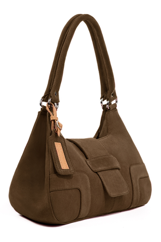 Chocolate brown women's dress handbag, matching pumps and belts. Worn view - Florence KOOIJMAN